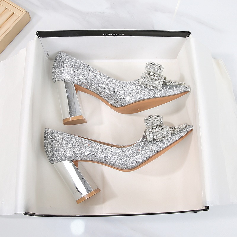 New 2024 Wedding Bride Shoes Dress Bridesmaid High Heels Sequin Crystal Bow Pumps b850 smaid