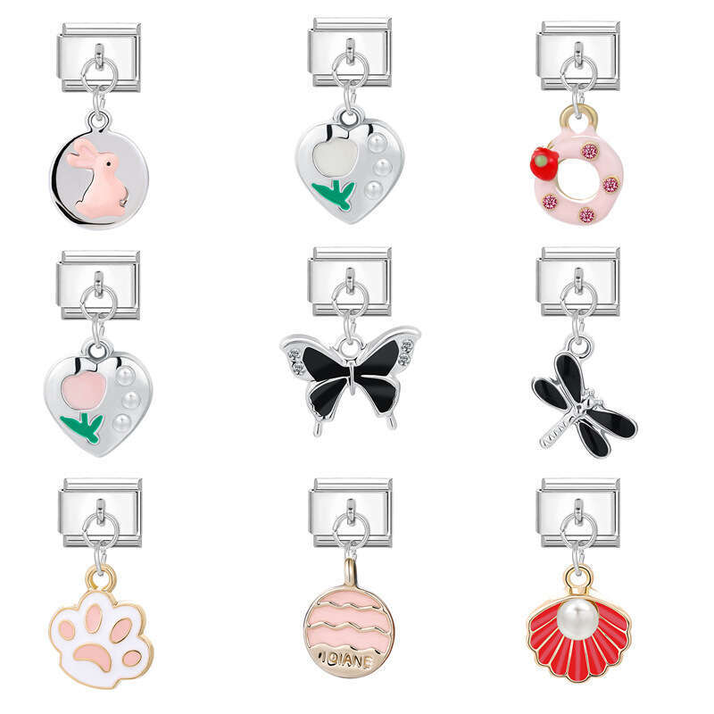 New Women's Gift Cute Dragonfly Butterfly Tulip Pendant Italian Charms Links Bangle Beads Fit 9mm Stainless Steel Bracelet Making DIY For Women F