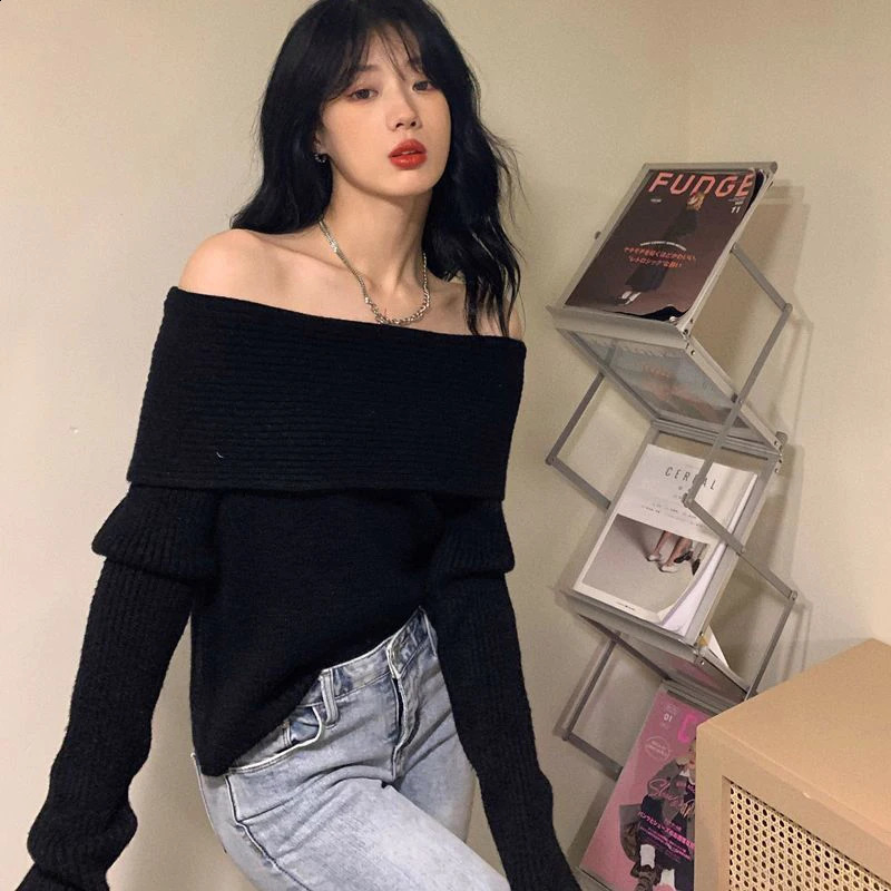 Lucyever Slash Neck Knitted Sweater Women Sexy Off Shoulder Long Sleeve Pullovers Female Korean Elegant Thicken Slim Jumpers Top 240911