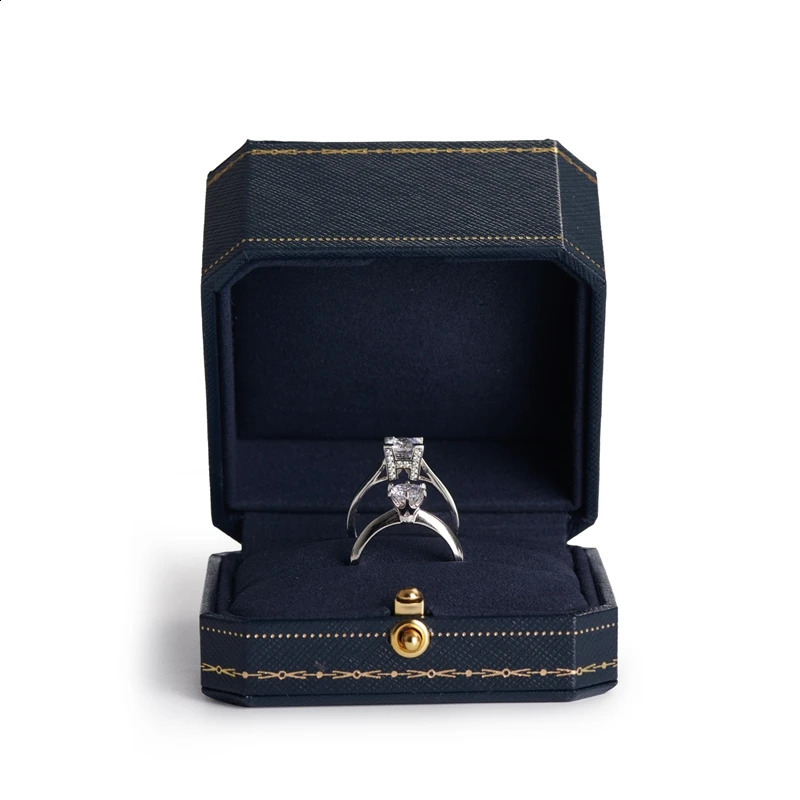 Oirlv Vintage Jewelry Box Original Design Elegant PU Leather Octagonal Vintage Jewelry Boxes Royal Blue Ring box for 2 Rings Box 240910