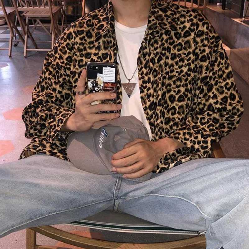 Shirts Spring Summer Man Thin Mens Clothing Streetwear Casual Loose Printing Leopard Turn-down Collar Long Sleeve Handsome Z240914