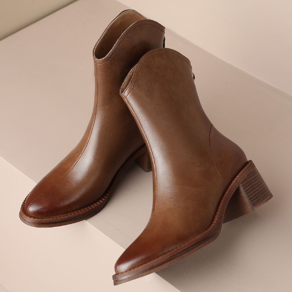 genuine Women's leather autumn ankle boots 5.5cm thick med heel round toe back zip short booties high quality slim daily shoes 167a
