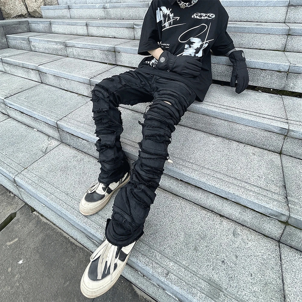 Ripped Jeans Men Hip Hop Y2k Vintage Slim Black Trousers Autumn Winter High Street Fit Cool Skinny Stacked Wax Hole Denim Pants 240909