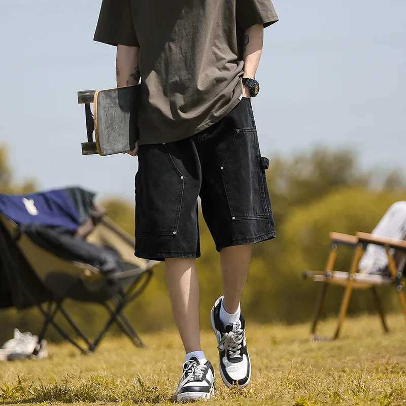 Loose-fit Denim Shorts Vintage American Style Casual Cargo Pants For Men Trendy Wooden Pattern Summer WearX240914