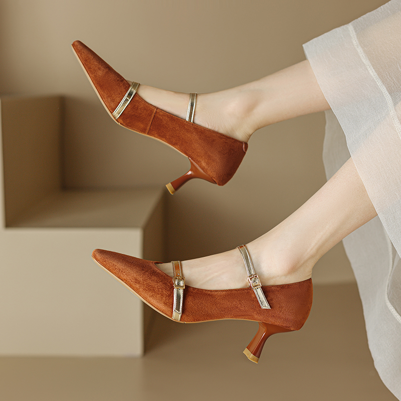 2024 Spring Pumps Kid Suede Genuine Leather New High Heels pointed Toe Chunky Heel for Women Mary Janes Shoes Gladiator a3a6