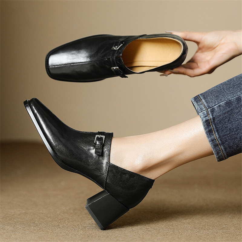 2024 Spring Women Shoes Square Toe Chunky High Heels Women Pumps Shoes for Women Genuine Leather Loafers Shoes Zaptos Mujer