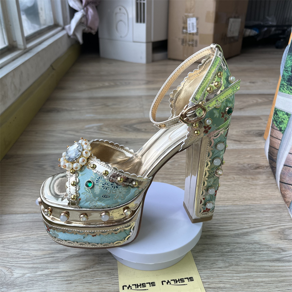 Luxury Pearl Rhinestone Design Sunflower Open Toe Sandals Retro Wedding Bride 14cm High Heels New Sexy Summer 34-43 Women Shoes