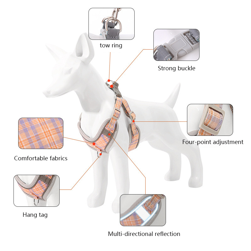 Plaid Dog Harness with Leash Adjustable Reflective Vest-style Pet Harness and Leash Set for Large, Medium and Small Dogs Outdoor