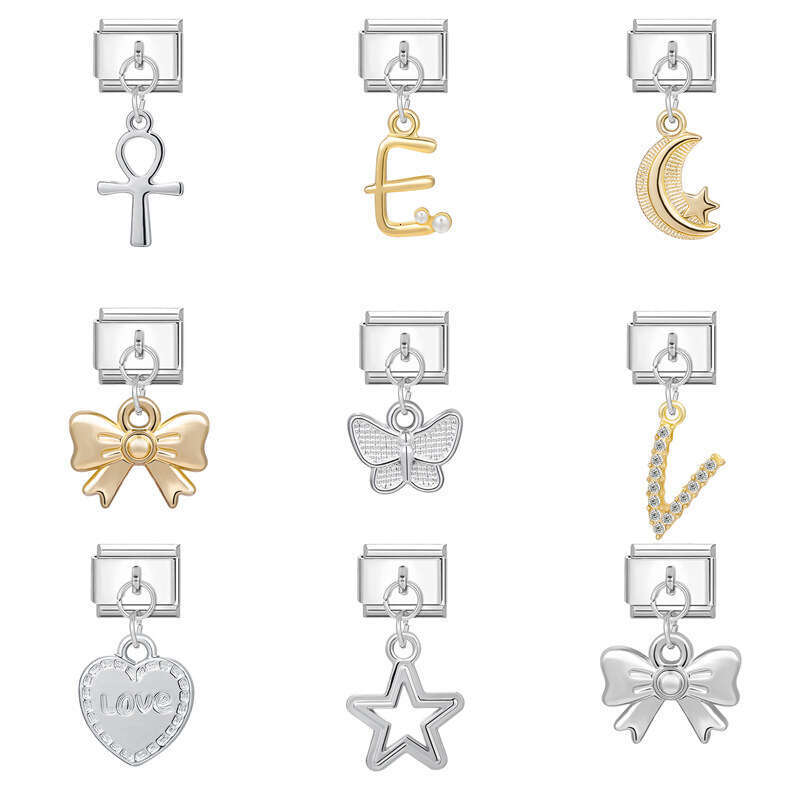 New Women's Gift Shell bow heat Pendant Italian Charms Links Bangle Beads Fit 9mm Stainless Steel Bracelet Making DIY For Women Fashion Jewelry