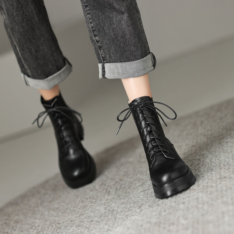 Autumn NEW Genuine Leather Round Toe Platform Height Increasing Lace-up Casual Solid Short Boots Women 7576
