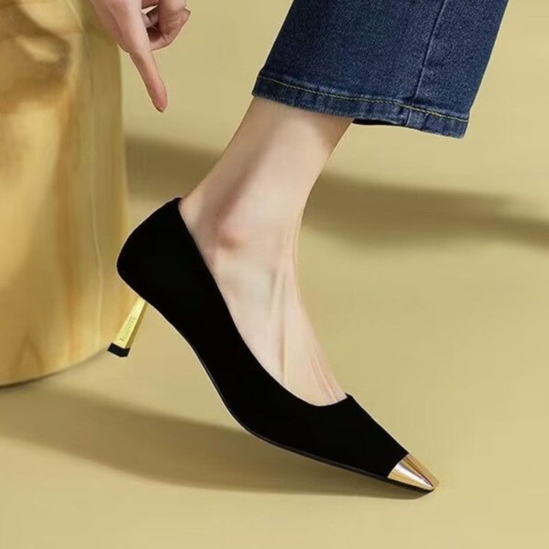 Women's Pumps Mid Heels Office Lady Shoes Gold Toe Boat Shoes Black Gold Heels Dress Shoes Velvet Pump Spring Autumn 1740N