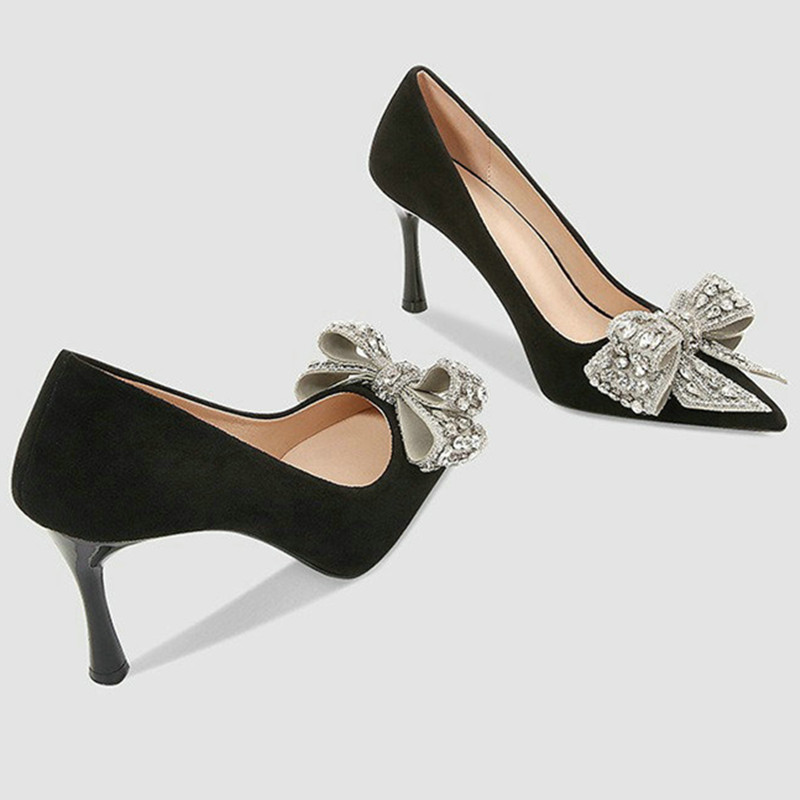Spring 2024 New French High Heels Rhie Bow Suede Fine Heel Pointed Temperament Single Shoes 88c6