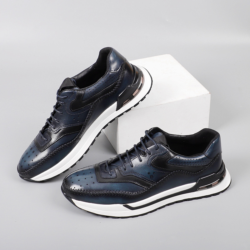 High-end Men's Real Cow Leather Casual Shoes Fashion European 2024 Autumn Luxury Comfortable Solid Color Blue Brown Sneakers