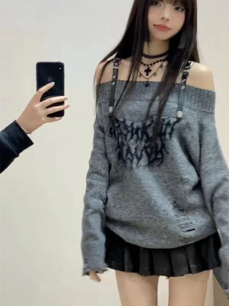 American Retro Fashion Classical Knitwear Sweater Slash Neck Off Shoulder Long Sleeve Ripped Hole Pullovers Chic Y2K Streetwear 240911