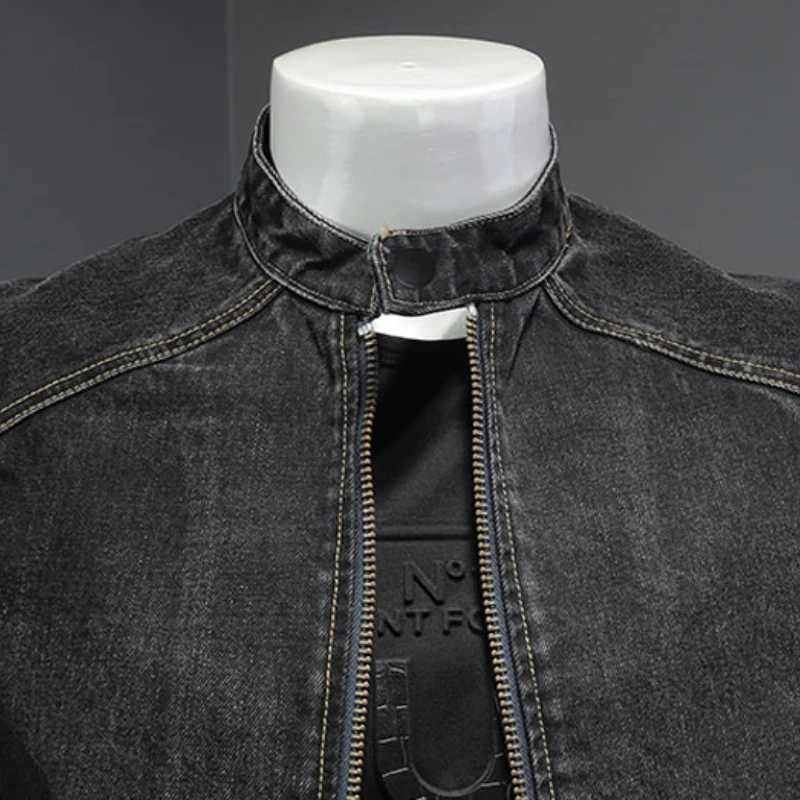 Autumn denim jacket mens long sleeved zipper retro black slim fit street fashion jacket W240914