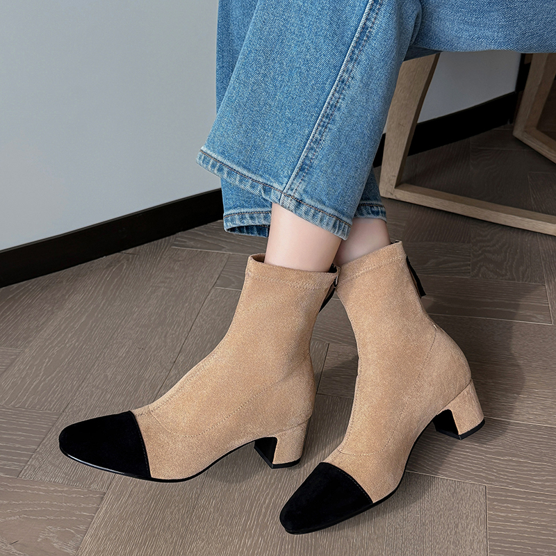 JOZHAMTA Size 34-40 Ankle Women Suede Real Leather Stretch Boots Chunky High Heels Fall Winter Shoes Casual Short Booties