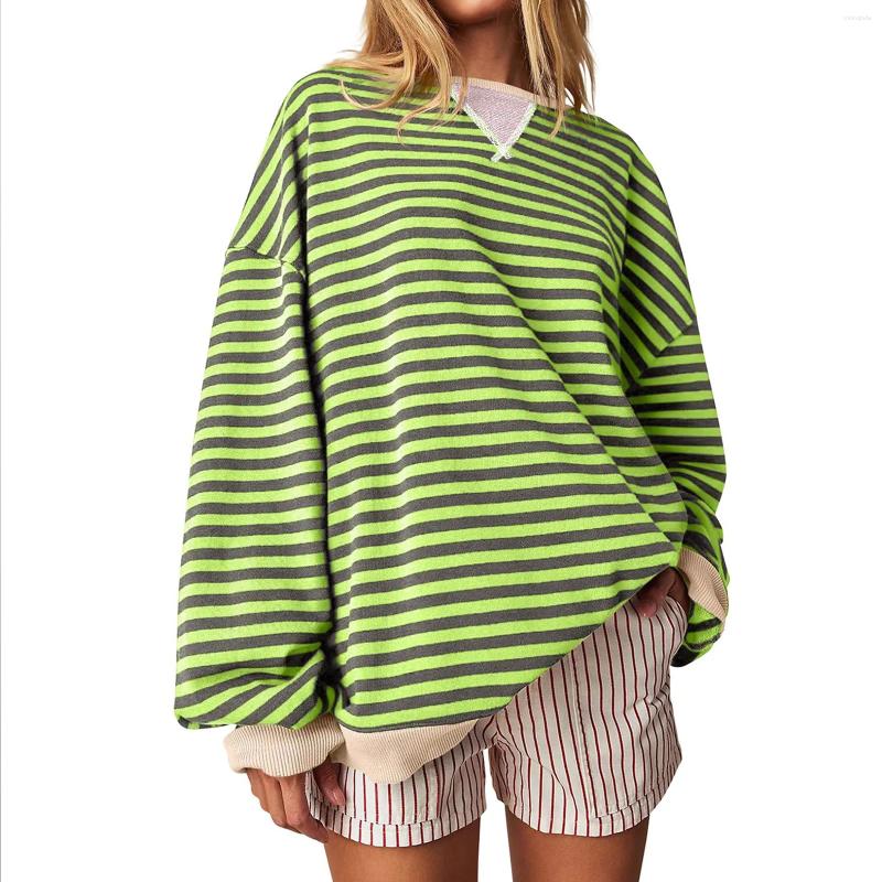 Womens T Shirts 2024 Oversized Striped Color Blocking Long Sleeved Round Neck Sports Shirt Casual Loose Fitting Pullover Top