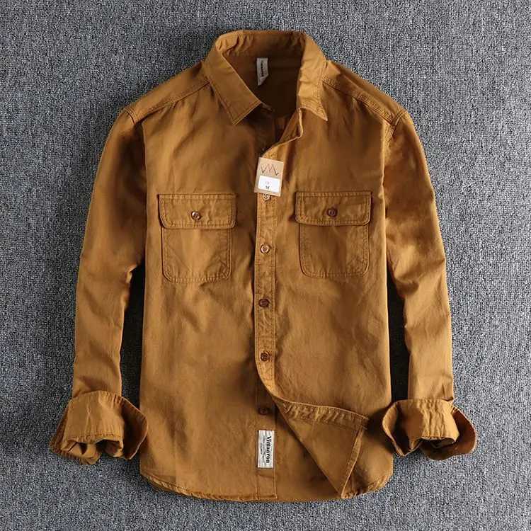 Ameikeji British Style Retro Long Sleeve Shirt Coat Men Spring Autumn Twill Cotton Versatile Solid Color Male Cargo Work Shirts Z240914