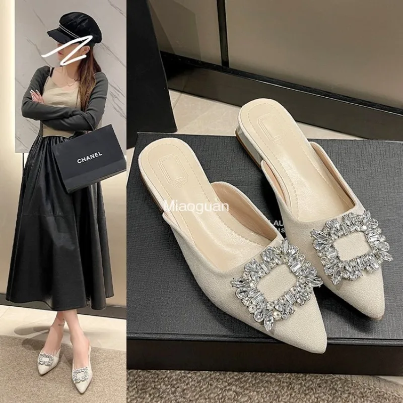 Summer Woman's Sandal New Pointed Toe Shallow Nude Pink Luxury Designer Rhinestone Slippers Shoes Low Heel Woman Fashion Comfort