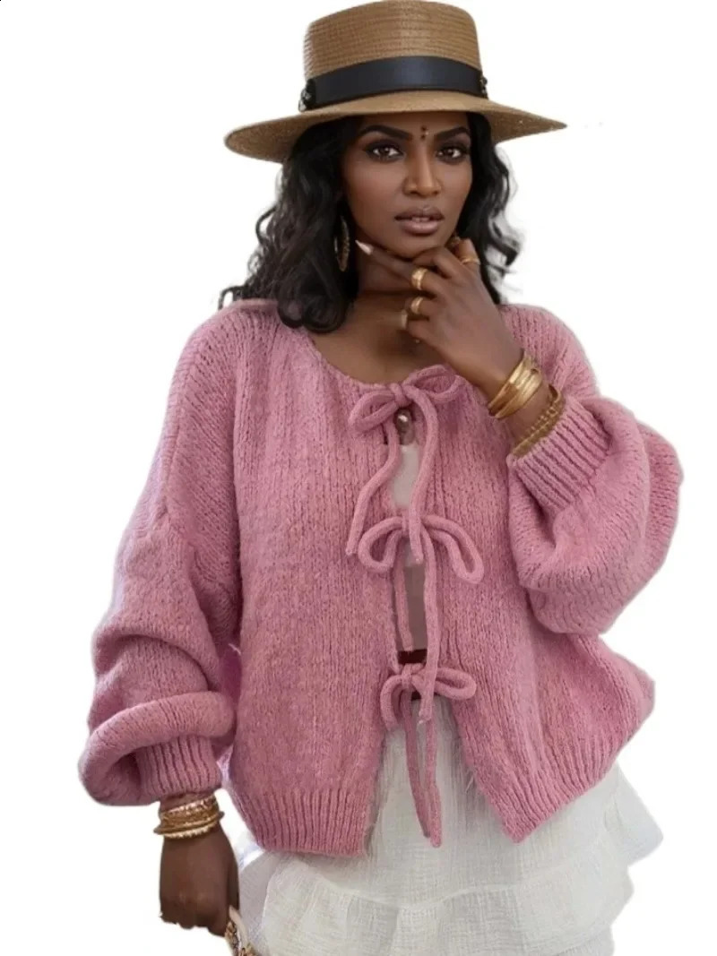 Korean Crewneck Laceup Knitted Cardigan Jacket for Autumn Winter 2024 Solid Color Sweater Women Cardigans 240910