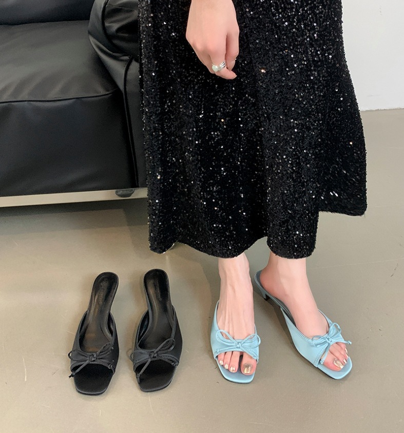 Shoes New Low Thin Heels Woman's Slippers Square Toe Slides Butterfly-Knot 2024 Butterfly-knot Rubber Fabric Silk PU Rome Hoof aa4a