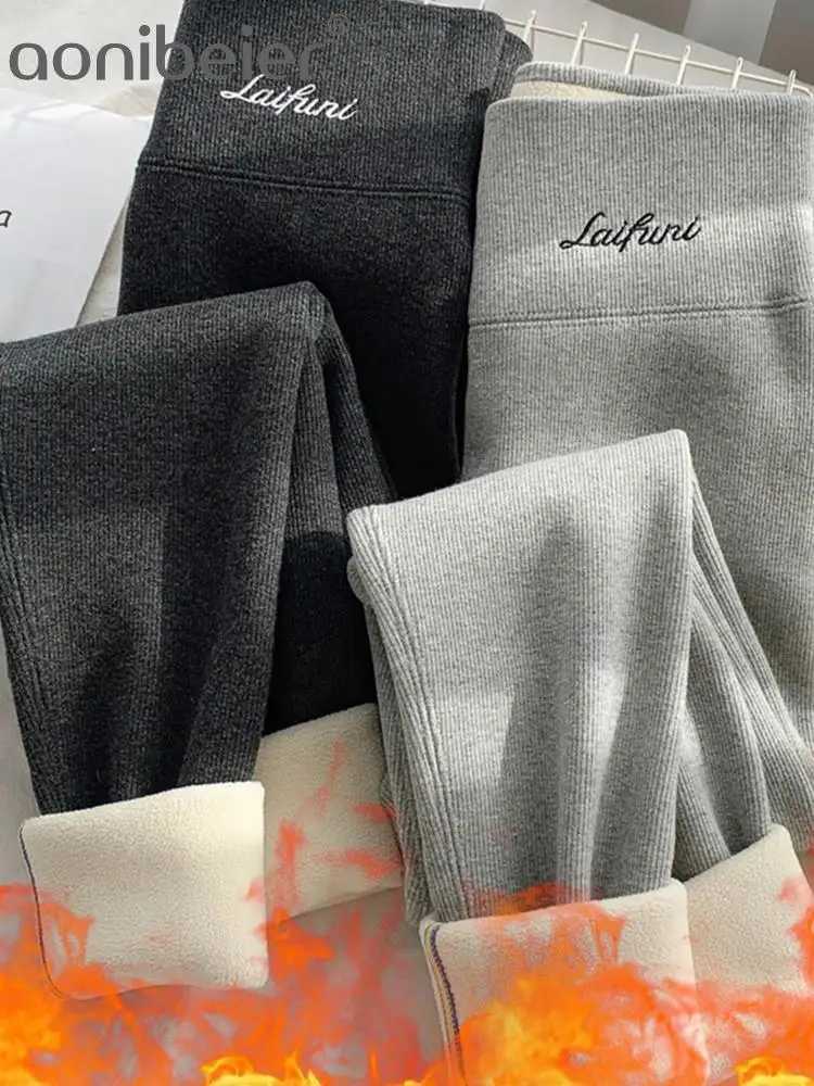 Aonibeier Warm Thick Women Fleece Leggings Traf 2023 Winter Embroidered Stretch Skinny Pencil Pant Faux Lambswool Tights LeggingX240914