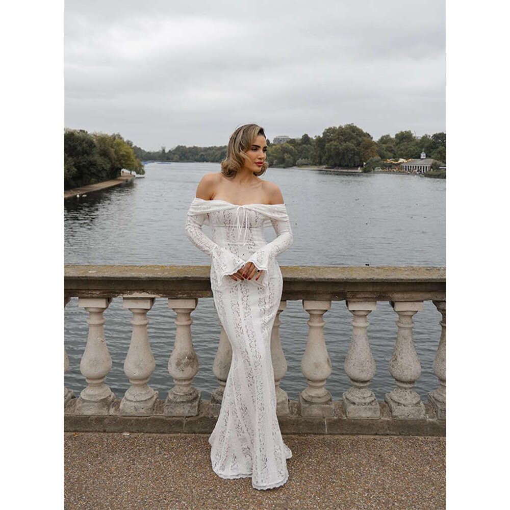 Elegant Off Shoulder Lace Maxi Dress Women Fashion Hollow Out Long Flare Sleeve Slim Dresses 2024 New Female Evening Party Gowns