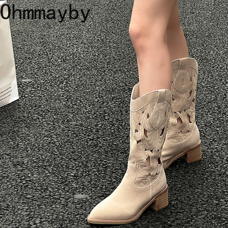 Style Rome Women Western Cowboy Boots Fashion Embroidery Hollow Out Long knight Booties Thick Heel Female Shoes 1b84