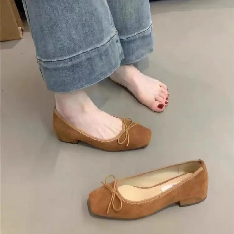 Retro Suede Woman Shoes Elegant Shallow Mouth Square Toe New Dress Slip on Laofers Chunky Low Heel Elegant Solid Moccasin Pumps