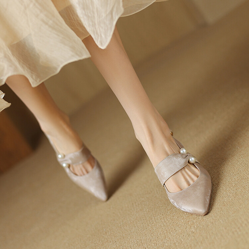 Summer NEW Split Leather for Pointed Thin Heel Cover Toe Sgback Shoes Women New Pearl Sandals 0d70