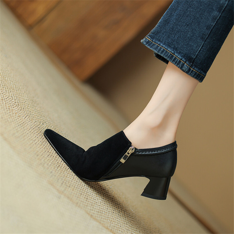 2025 new New 2023 Autumn Loafers Sheep Suede Pointed Toe Chunky Heel Winter Pumps Shoes for Women tos De Mujer 30c9