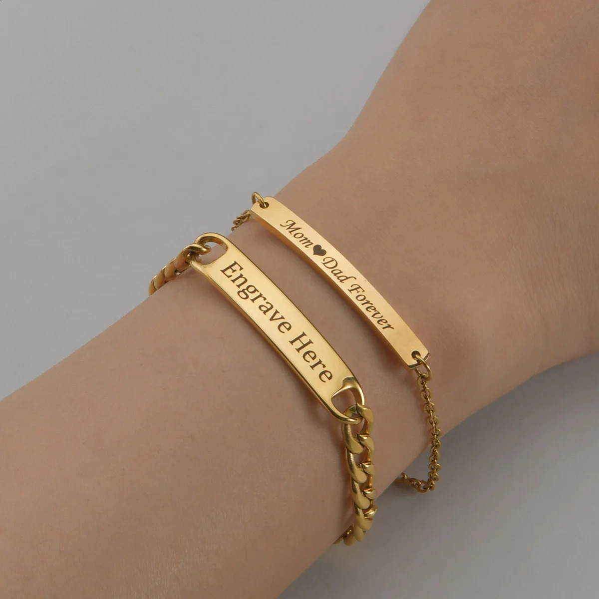 Akizoom Punk Engrave Name Custom Bracelets Gold Color Stainless Steel Thick Hand Chain Customized Couple Men Women Jewelry Gift 240914