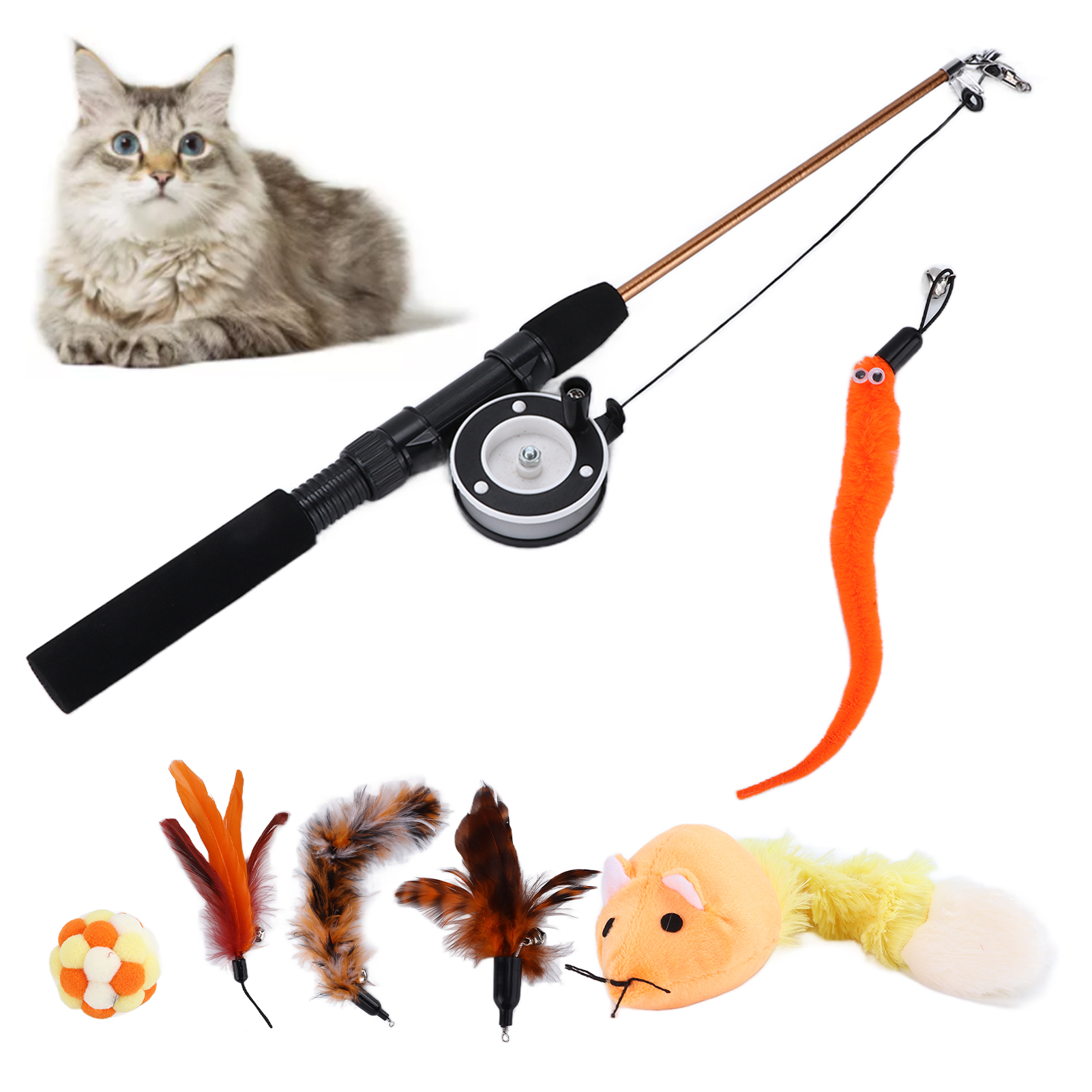 Retractable Cat Stick Toy Set with Feather, Fishing Pole, Bells, Wand, Indoor Kittens, 7 Pcs