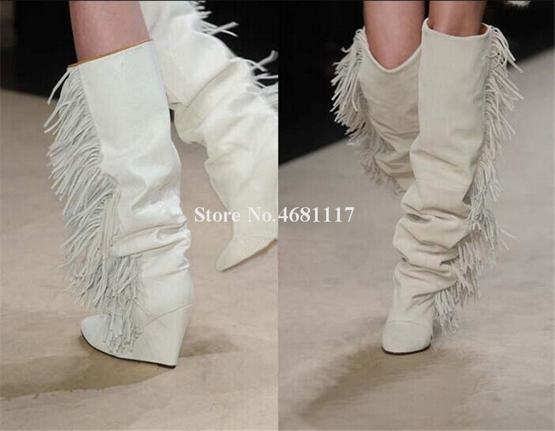 Women Elegant Boots Charming Pointed Toe Suede Leather Tassels Knee High Wedge Black Grey Beige Side Fringes Long Wedge Boots