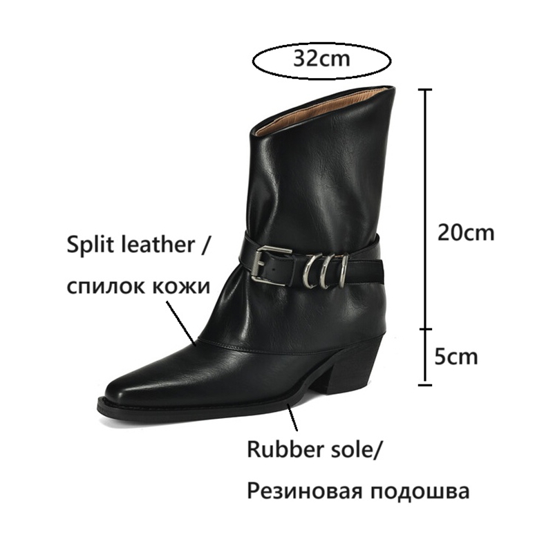 Autumn NEW Pointed Toe Chunky Heel Split Leather Shoes for Women Casual Pants Belt Buckle Modern Boots 26d3