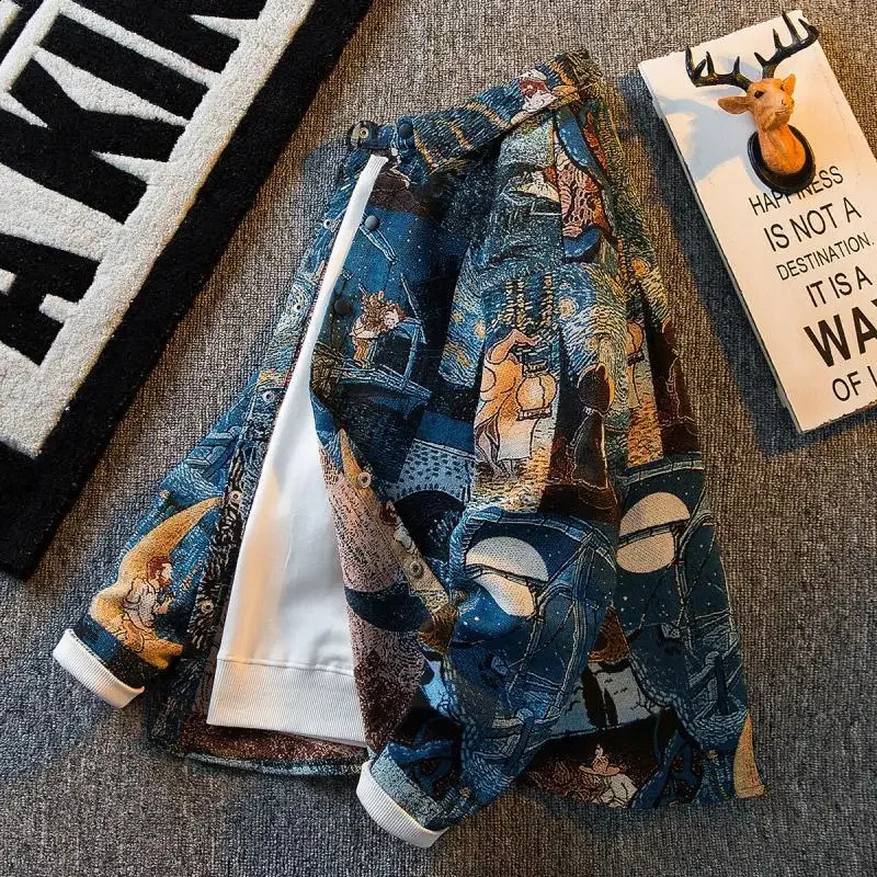 American Vintage Van Gogh Oil Painting Long-sleeved Shirt Mens Loose High Street Casual Shirts Jacket Men Tops Male Clothes 240905