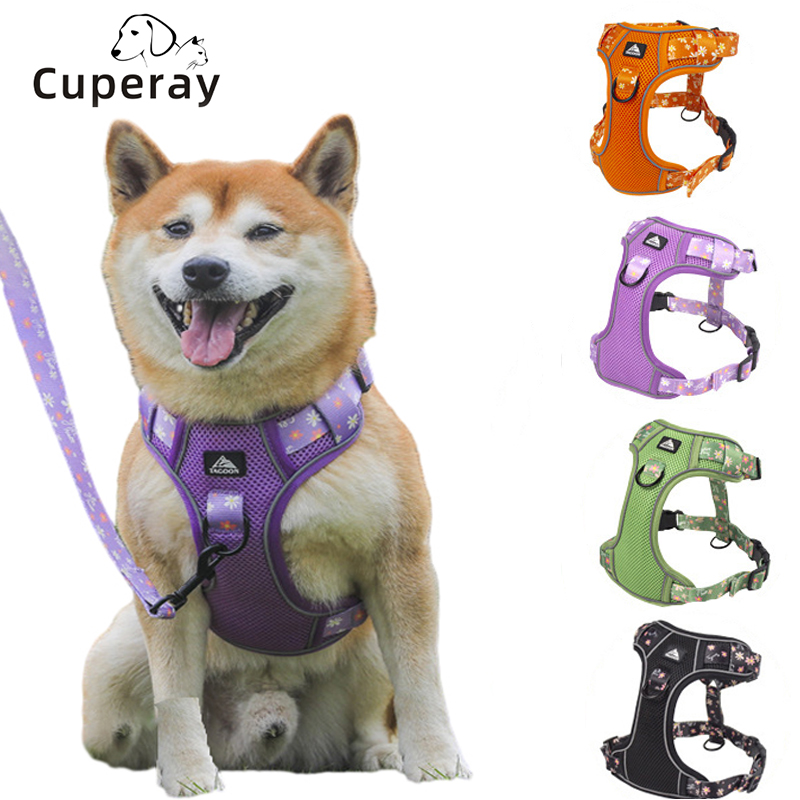 Reflective Pet Harness Adjustable Exquisite Printed Dog Harnesses Mesh Breathable for Small Medium and Large Dogs Outdoor Travel