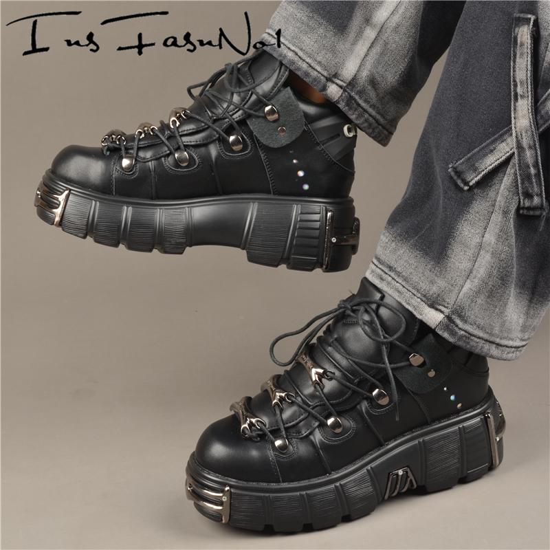 Platform Metal Toe Chunky Sneakers Women's Gothic Punk Style Sneakers Rock Design Black Walking Shoes Casual Female Runway Shoes