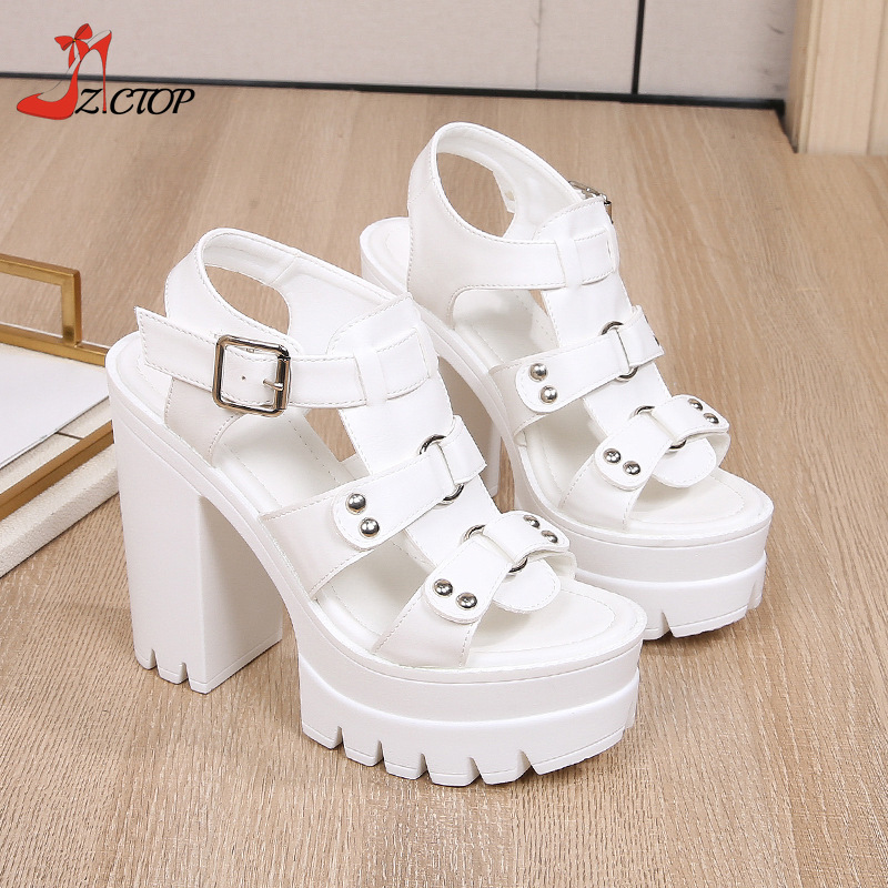Summer New Chunky Heeled Sandals Women Buckle Strap Open Toe Platform Super High Heels Fashion Women's Shoes White Black