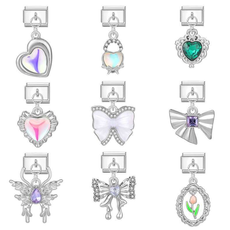 New Women's Gift Beautiful butterfly sweet heart Pendant Italian Charms Links Bangle Beads Fit 9mm Stainless Steel Bracelet Making DIY For Women 