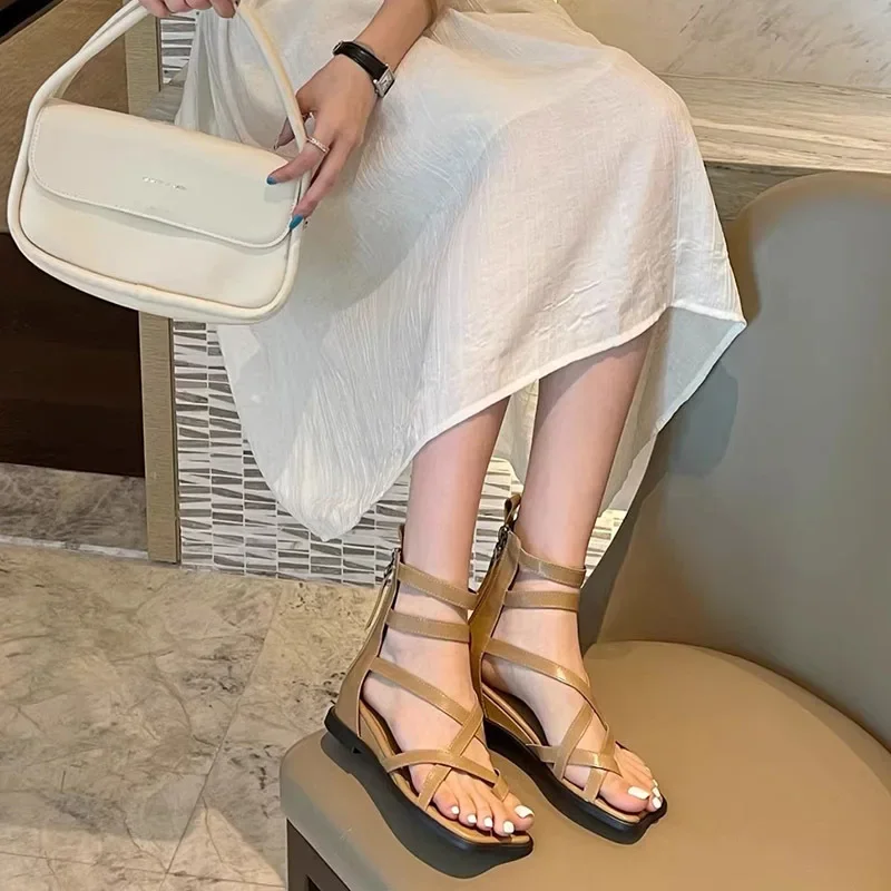 High-heeled Sandals New Fashionable Versatile Square Head Cross Strap Toe Flat Roman Women's Shoes