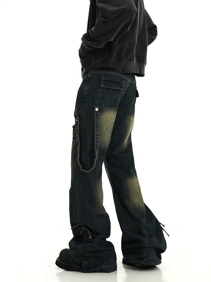 REDDACHiC Drawstring Stacked Flare Jeans Men Belt Deconstructed Whiskers Pleated Casual Wide Leg Bootcut Pants Hiphop Streetwear 240912