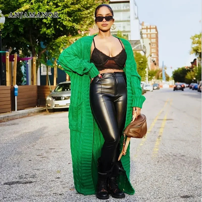 ANJAMANOR Cable Knitted Maxi Cardigan Winter Long Sweaters for Women Fashion Knitwears Coats Outerwear Drop D35FE70 240904