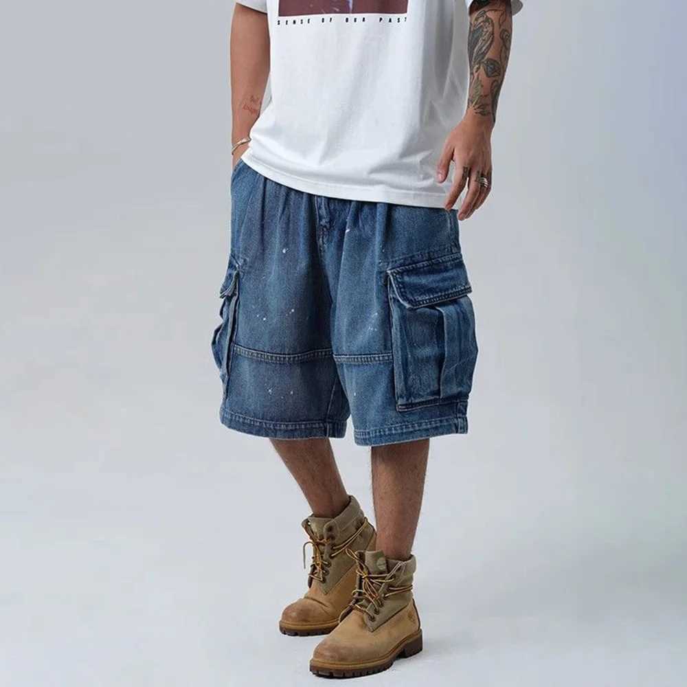 Mens Y2k Workwear Multi-Pocket Denim Shorts 2024 Summer Fashion Trend High Street Loose Straight Wide-Leg Five-Point Pants MenX240914