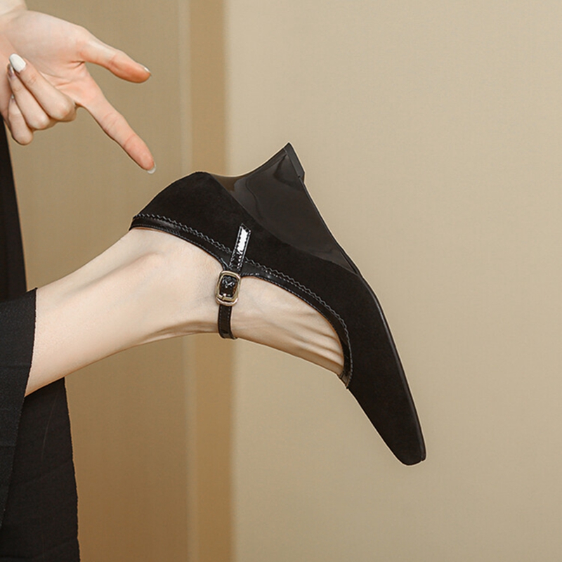 2025 new Spring/Autumn NEW Sheep Suede Leather for Pointed Toe Chunky Heel Women Pumps Wedges Mary Janes Shoes 612b