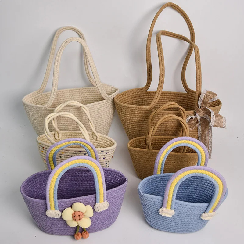 Simple sweet and fresh cotton rope is made from handmade gift handbags Hand woven summer dopamine rainbow womens bag 240913