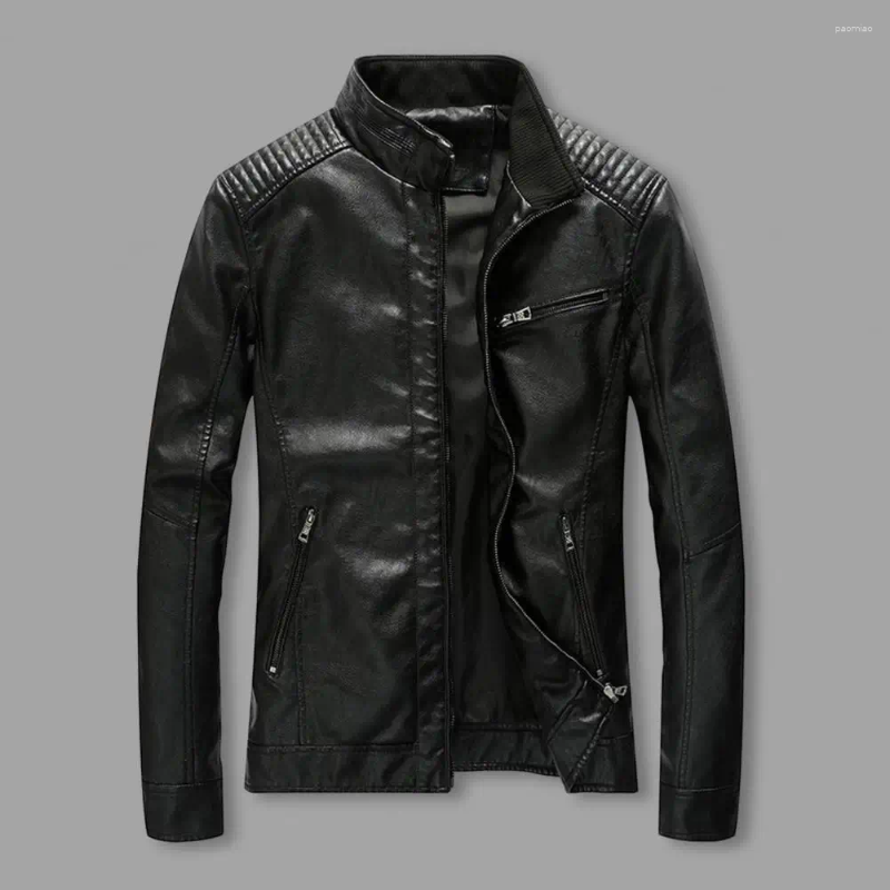 Men's Jackets Men Jacket Faux Leather Stand Collar Pleated Shoulder Long Sleeve Zipper Placket Coat Slim Fit Solid Color Thin Out