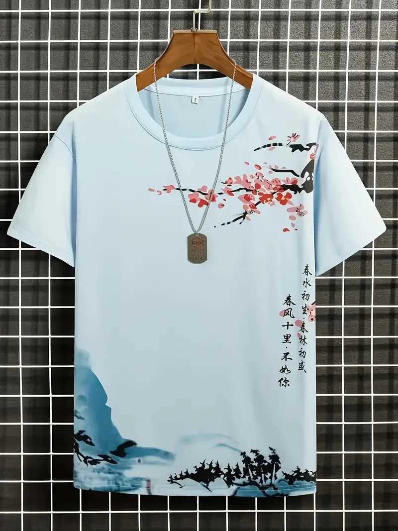 Mens 3D Plum Blossom printed loose short sleeved floral T-shirt Y2k casual streetwear mens trend T-shirt CL240913