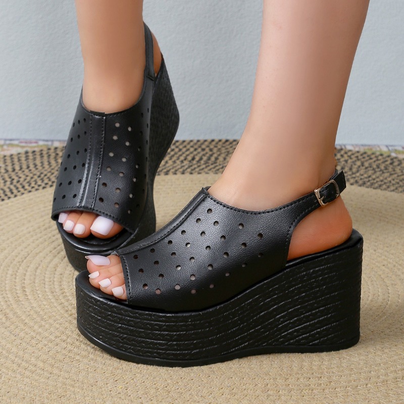 Women's Simple Retro Soft Leather Large Size Comfortable Fish Mouth High Heels Hollow Breathable Platform Slippers Women
