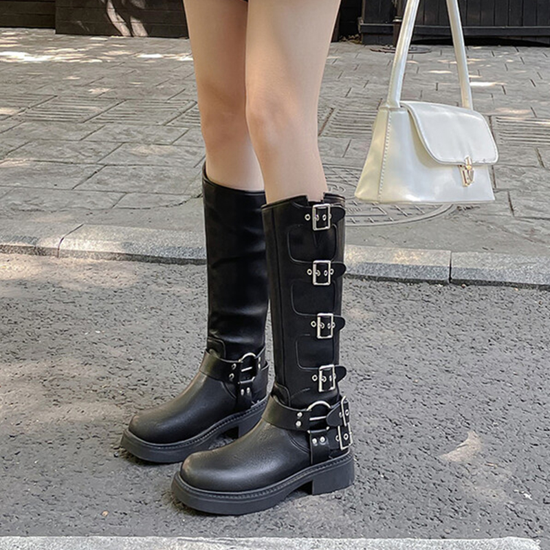 JOZHAMTA Size 34-40 New Women Knee-High Genuine Leather Metal Buckle Shoes Woman Casual Autumn Winter Motorcycle Boots